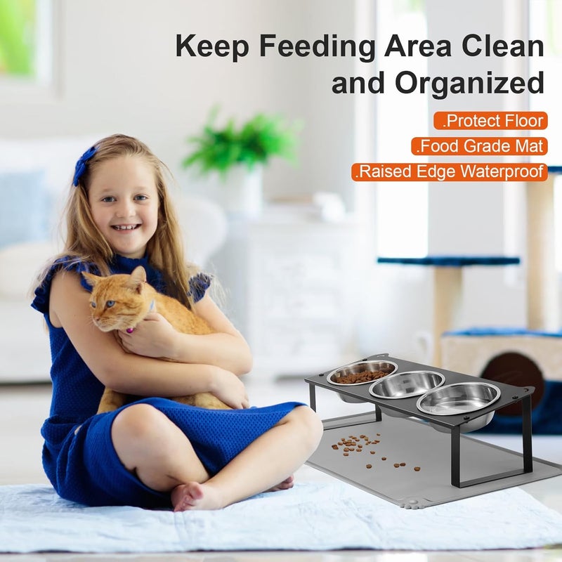 HOVNKUT Elevated Cat Bowls with Food Mat, 10°Tilted Non-Slip Raised Cat Food Water Bowls Set, 3 Thick Stainless Steel Pets Dishes with Cute Metal Feeding Stand for Indoor Kitten Puppy, Anti-Vomiting - Image 5